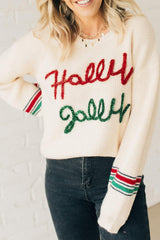 Beige Tinsel Holly Jolly Graphic Classic Sweater Sweaters JT's Designer Fashion
