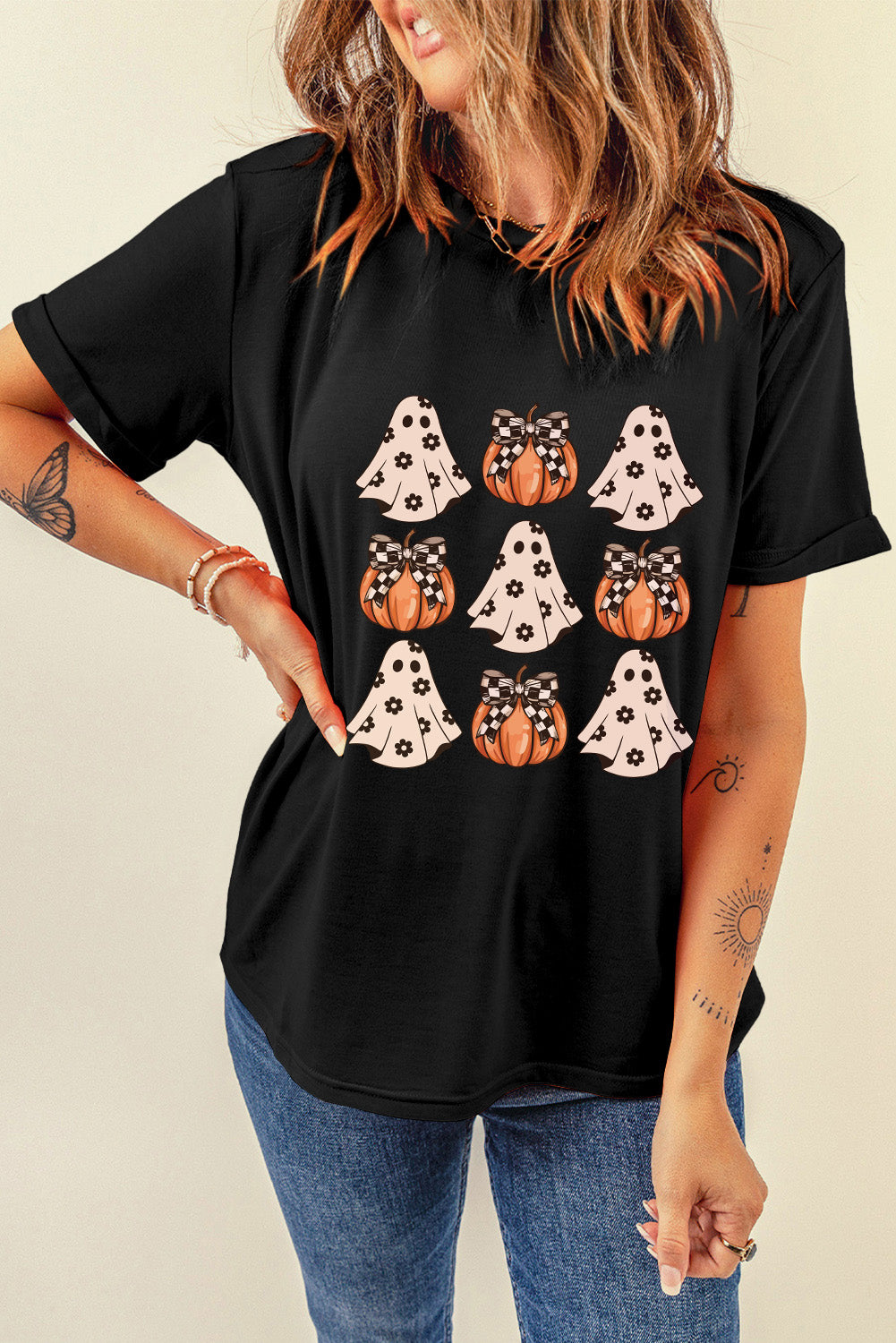 Black Halloween Ghost Pumpkin Print Crew Neck T Shirt Graphic Tees JT's Designer Fashion