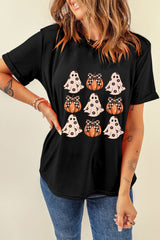 Black Halloween Ghost Pumpkin Print Crew Neck T Shirt Graphic Tees JT's Designer Fashion