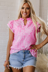 Pink Abstract Print Ric Rac Trim Flutter Sleeve Notch V Neck Blouse Pink 100%Polyester Blouses & Shirts JT's Designer Fashion