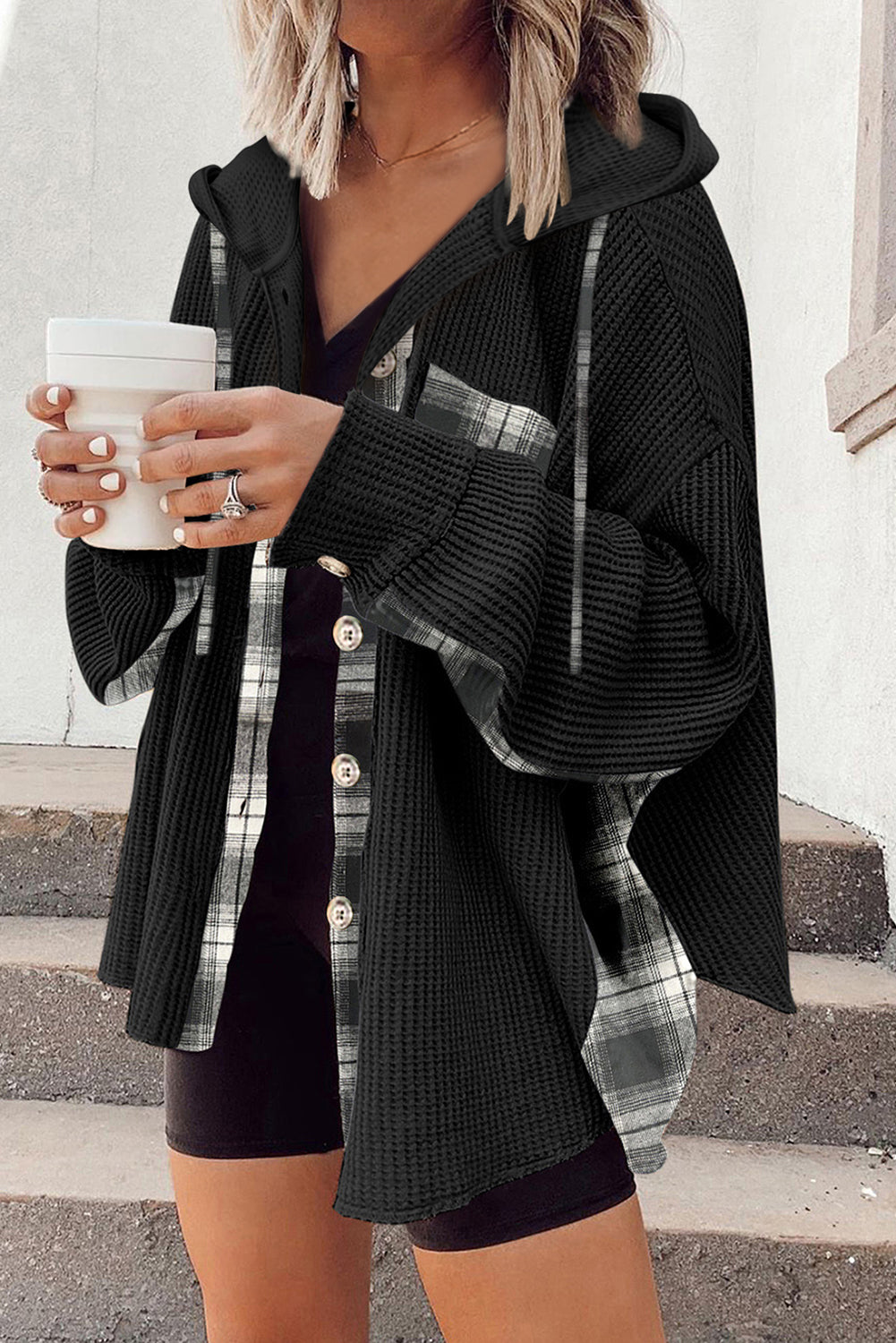Black Waffle Knit Plaid Patchwork Drawstring Hooded Shacket Black 95%Polyester+5%Elastane Jackets JT's Designer Fashion