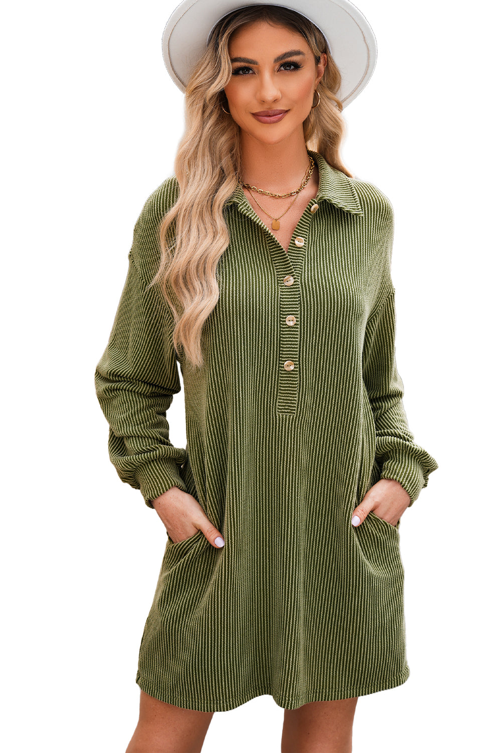 Moss Green Corded Buttons Placket Drop Shoulder Collared Shift Dress Mini Dresses JT's Designer Fashion