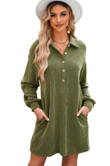 Moss Green Corded Buttons Placket Drop Shoulder Collared Shift Dress Mini Dresses JT's Designer Fashion