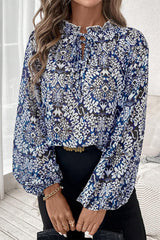 Blue Tribal Print Lace-up Frilled Neck Puff Sleeve Blouse Blouses & Shirts JT's Designer Fashion