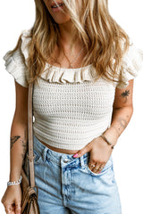 Beige Ruffled Short Sleeve U Neck Textured Sheath Crop Top Sweaters & Cardigans JT's Designer Fashion