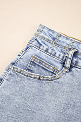 Beau Blue Rhinestone Light Wash Raw Hem High Waist Denim Shorts Denim Shorts JT's Designer Fashion
