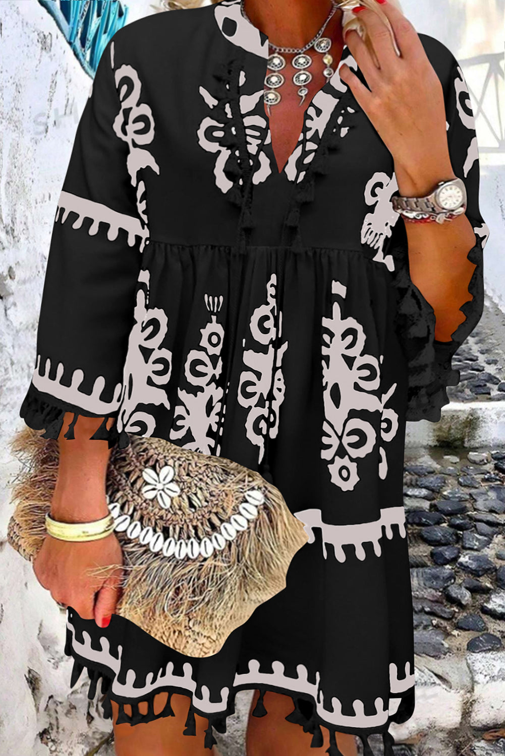 Black Plus Size Western Floral Print Fringed V Neck Dress Black 100%Polyester Plus Size Mini Dresses JT's Designer Fashion