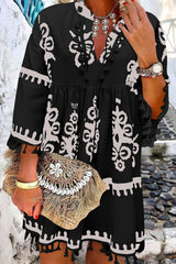 Black Plus Size Western Floral Print Fringed V Neck Dress Black 100%Polyester Plus Size Mini Dresses JT's Designer Fashion