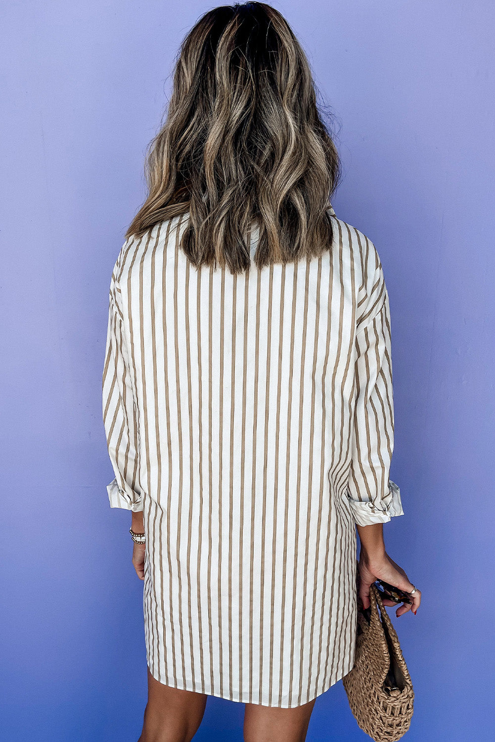 Khaki Stripe Long Sleeve Button Up Mini Shirt Dress Mini Dresses JT's Designer Fashion