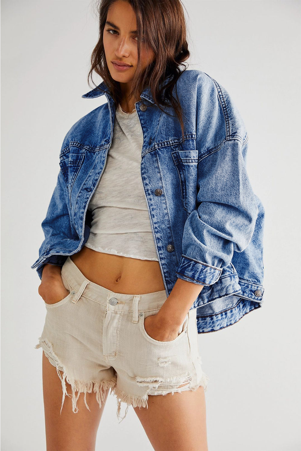 Dark Blue Washed Oversize Pocketed Denim Jacket Denim Jackets JT's Designer Fashion