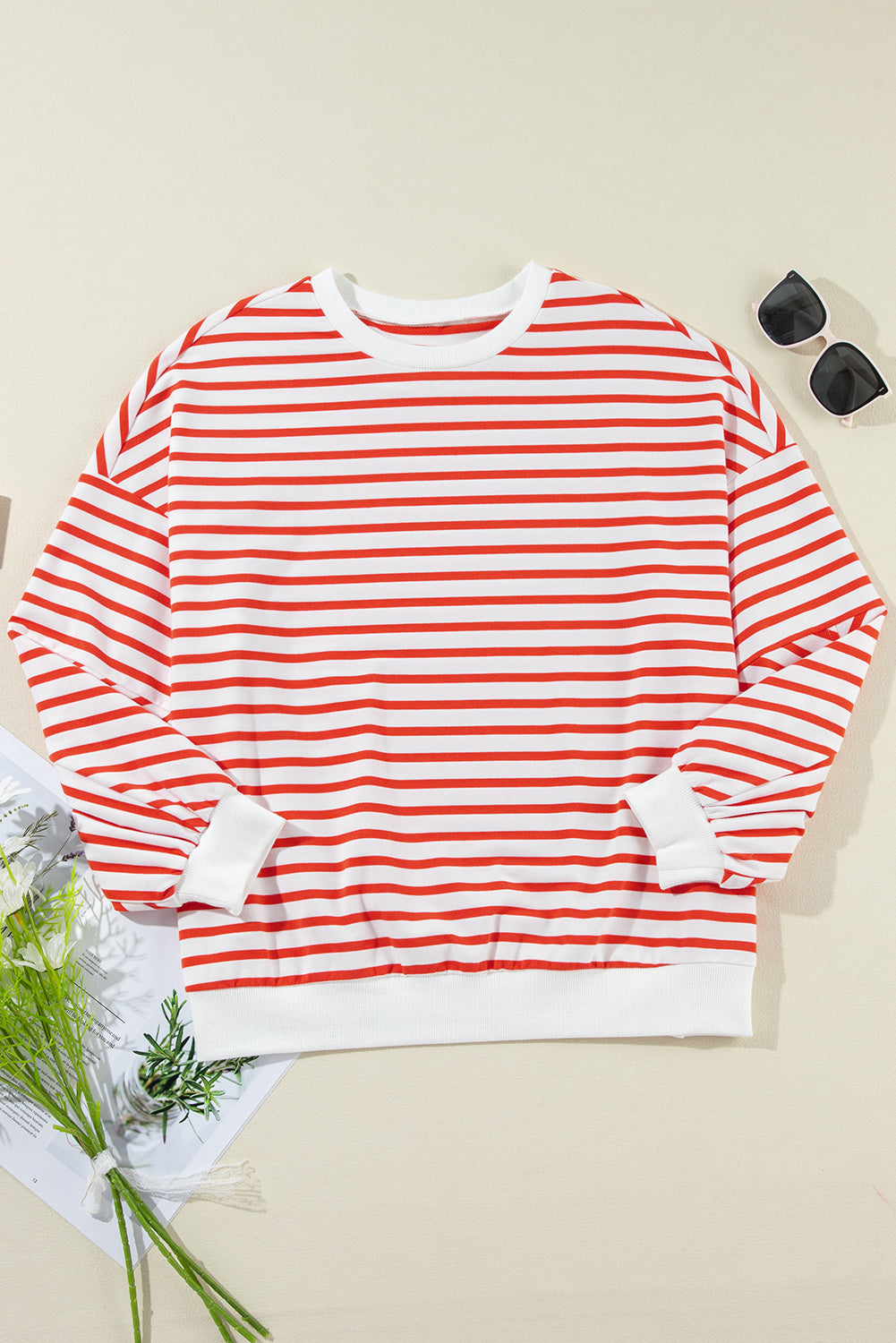 Orange Stripe Drop Shoulder Crew Neck Loose Sweatshirt Sweatshirts & Hoodies JT's Designer Fashion