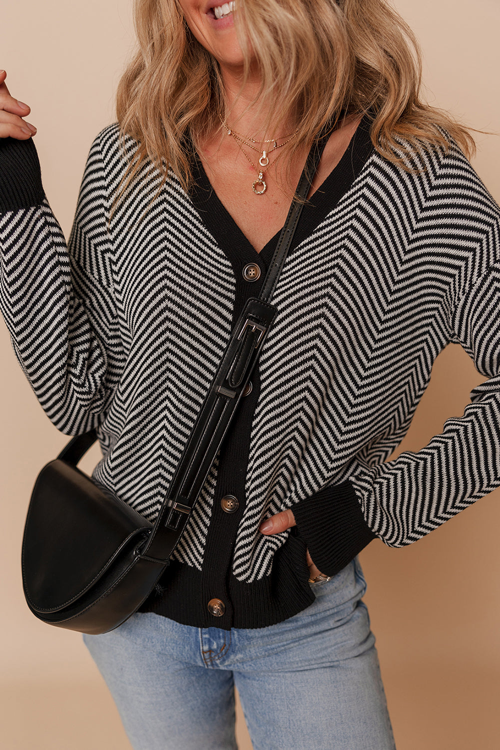 White Stripe Buttoned Front V Neck Herringbone Cardigan Cardigans JT's Designer Fashion