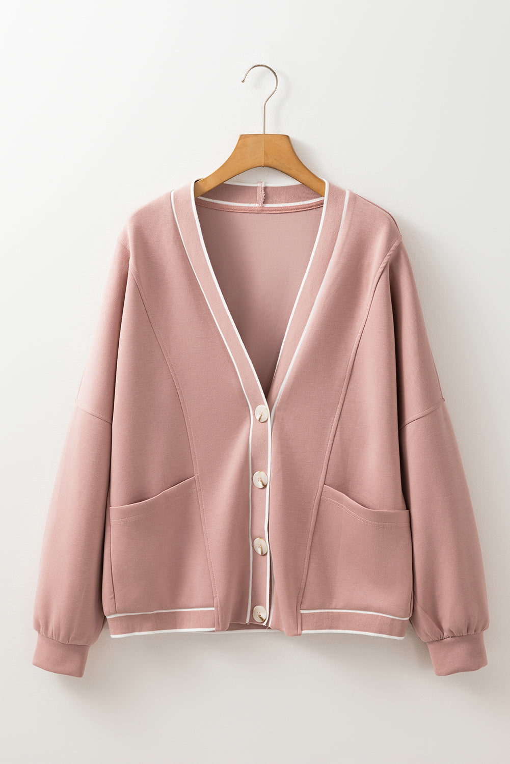 Pink Stripe Contrast Trim V Neck Buttoned Front Pocketed Knit Cardigan Cardigans JT's Designer Fashion