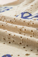 Beige Contrast Flower Print Eyelet Drop Shoulder Sweater Sweaters JT's Designer Fashion