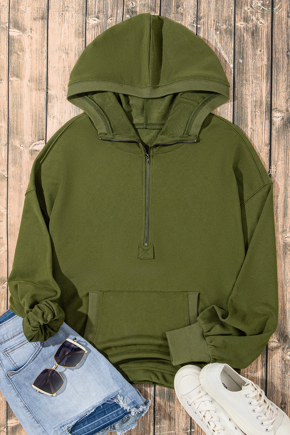 Moss Green Solid Kangaroo Pocket Half Zipper Oversized Hoodie Sweatshirts & Hoodies JT's Designer Fashion
