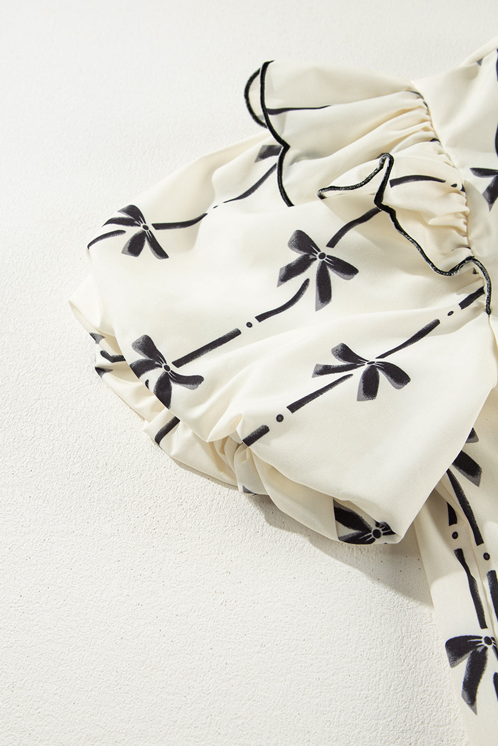 Beige Bow Printed Ruffled Bubble Sleeve Tied Notched V Neck Blouse Blouses & Shirts JT's Designer Fashion