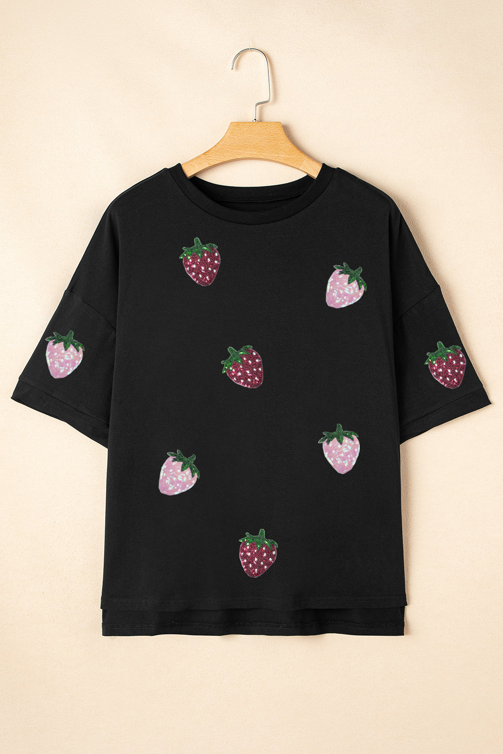 Black Sequin Strawberry Graphic High Low Relaxed Fit Tee Graphic Tees JT's Designer Fashion