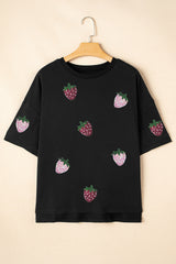 Black Sequin Strawberry Graphic High Low Relaxed Fit Tee Graphic Tees JT's Designer Fashion