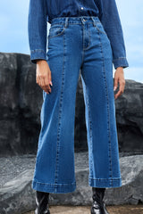 Dark Blue Plain Seam Detail Flared Bottom Ankle Length Jeans Jeans JT's Designer Fashion