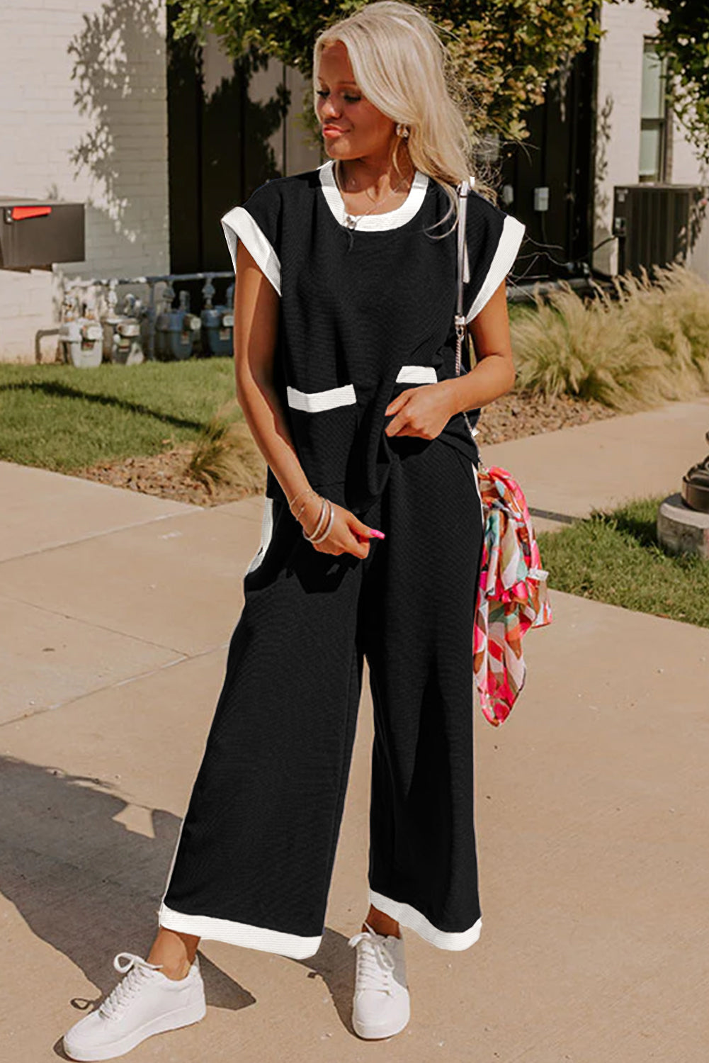 Black Color Block Pocketed T Shirt and Wide Leg Pants Set Pant Sets JT's Designer Fashion