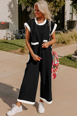 Black Color Block Pocketed T Shirt and Wide Leg Pants Set Pant Sets JT's Designer Fashion