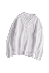 White V neck Drop Shoulder Knitted Sweater Sweaters & Cardigans JT's Designer Fashion