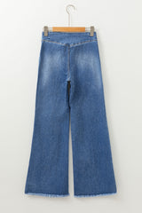 Sail Blue High Waist Button Fly Seamed Raw Hem Flare Jeans Jeans JT's Designer Fashion