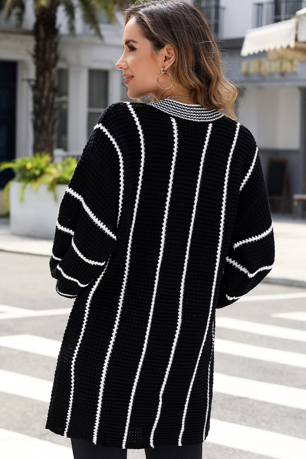 Black Colorblock Striped V Neck Knitted Loose Sweater Sweaters JT's Designer Fashion