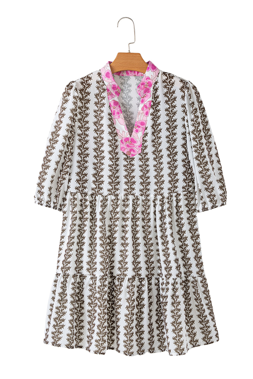 Black Contrast Floral V Neck Printed Bracelet Sleeve Dress Mini Dresses JT's Designer Fashion