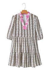 Black Contrast Floral V Neck Printed Bracelet Sleeve Dress Mini Dresses JT's Designer Fashion