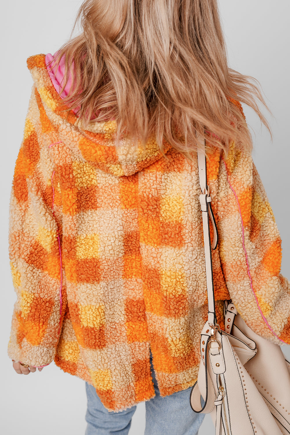 Orange Checkered Sherpa Hooded Jacket Jackets JT's Designer Fashion