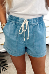 Beau Blue Contrast Drawstring Elastic Waist Denim Shorts Beau Blue 75%Cotton+23%Polyester+2%Elastane Denim Shorts JT's Designer Fashion