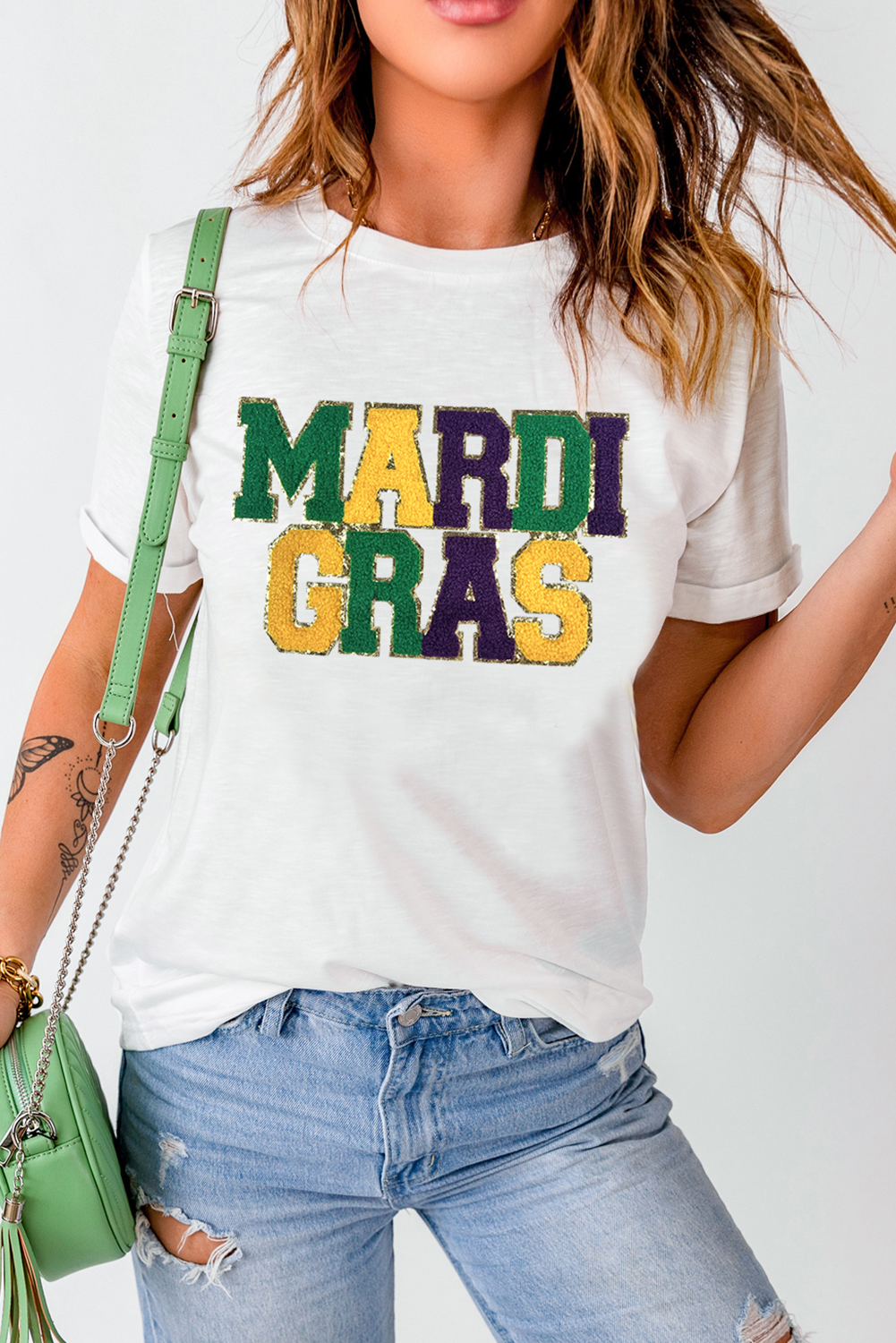 White Chenille MARDI GRAS Patched Graphic T Shirt Graphic Tees JT's Designer Fashion