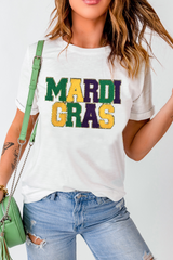 White Chenille MARDI GRAS Patched Graphic T Shirt Graphic Tees JT's Designer Fashion