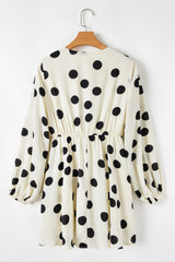 Beige Polka Dot Printed Surplice V Neck Puff Sleeve Mini Dress Mini Dresses JT's Designer Fashion