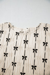 Beige Bow Print Puff Short Sleeve Top Blouses & Shirts JT's Designer Fashion