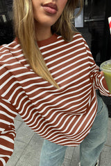 Coffee Striped Long Sleeve Round Neck Loose Top Long Sleeve Tops JT's Designer Fashion