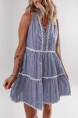 Blue Stripe Sleeveless Notched V Neck Contrast Ric Rac Mini Dress Mini Dresses JT's Designer Fashion