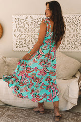 Green Abstract Print Smocked Bodice Knotted Straps Ruffled Long Dress Maxi Dresses JT's Designer Fashion