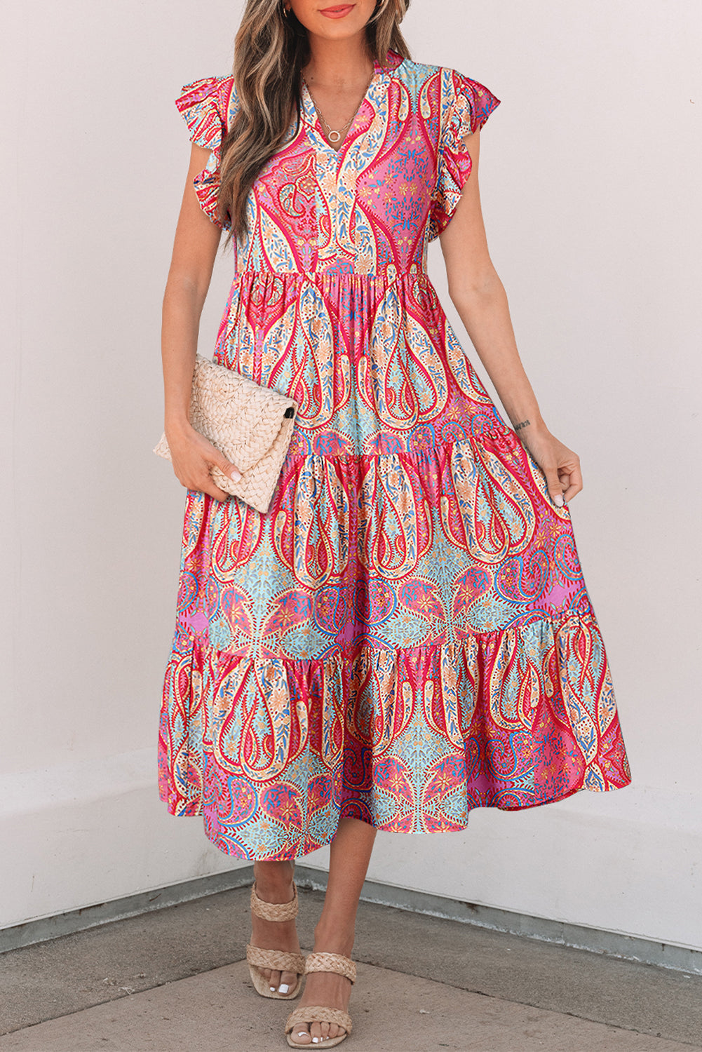 Rose Tribal Paisley Print Ruffled Sleeve Notch Neck Midi Dress Floral Dresses JT's Designer Fashion