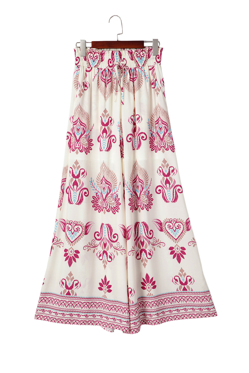 Rose Boho Printed Shirred High Waist Flowy Wide Leg Pants Pants & Culotte JT's Designer Fashion