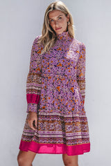 Purple Floral Smocked Puff Sleeve High Neck Mini Dress Purple 100%Polyester Floral Dresses JT's Designer Fashion