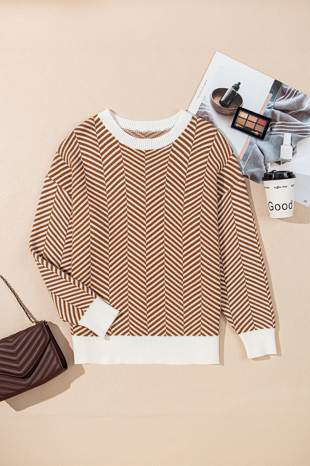 Coffee Contrast Edge Crew Neck Drop Shoulder Sweater Sweaters JT's Designer Fashion