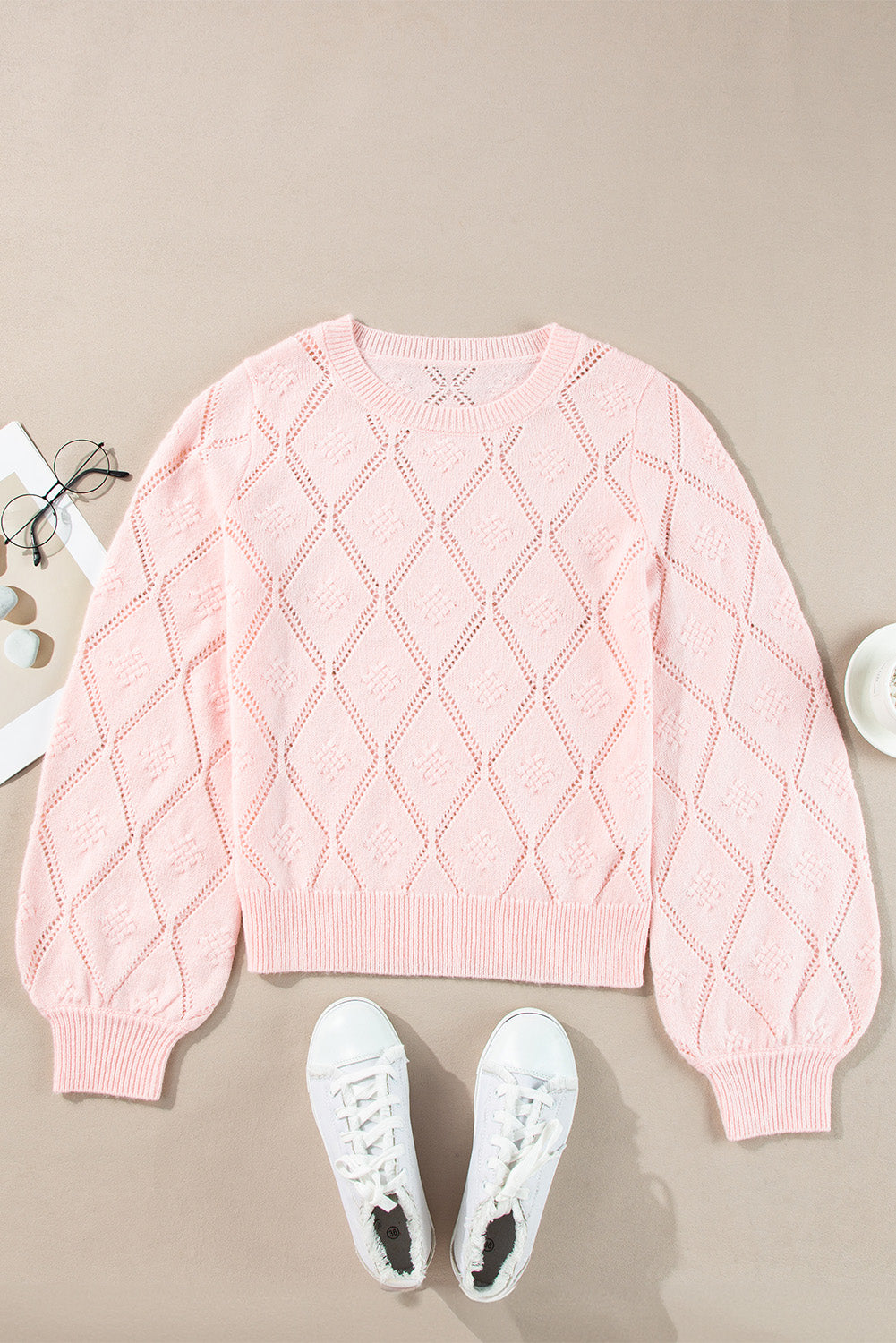 Gossamer Pink Openwork Plaid Puff Sleeve Cropped Sweater Sweaters JT's Designer Fashion