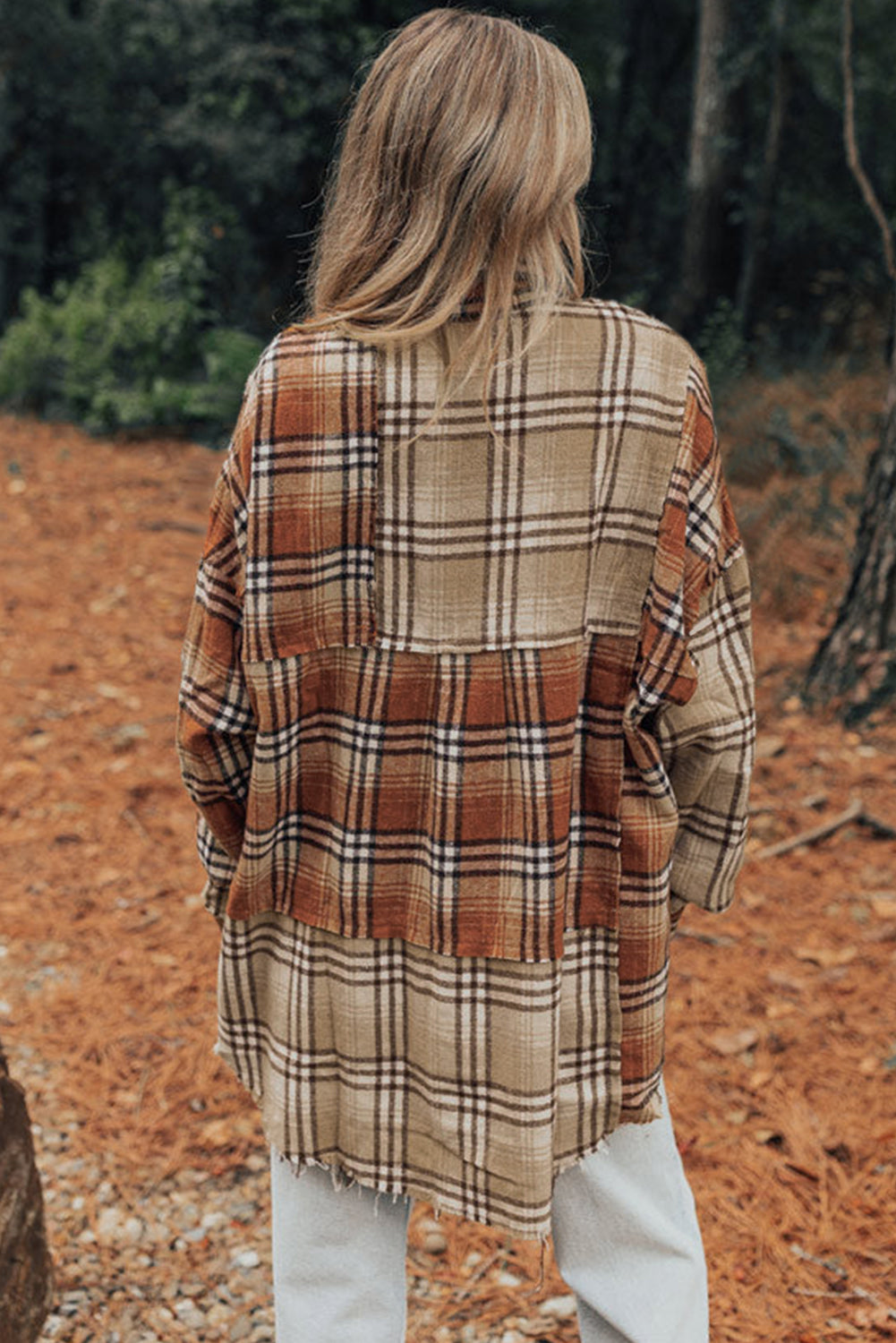 Khaki Plaid Colorblock Patchwork High Low Shacket Plaid Shackets JT's Designer Fashion
