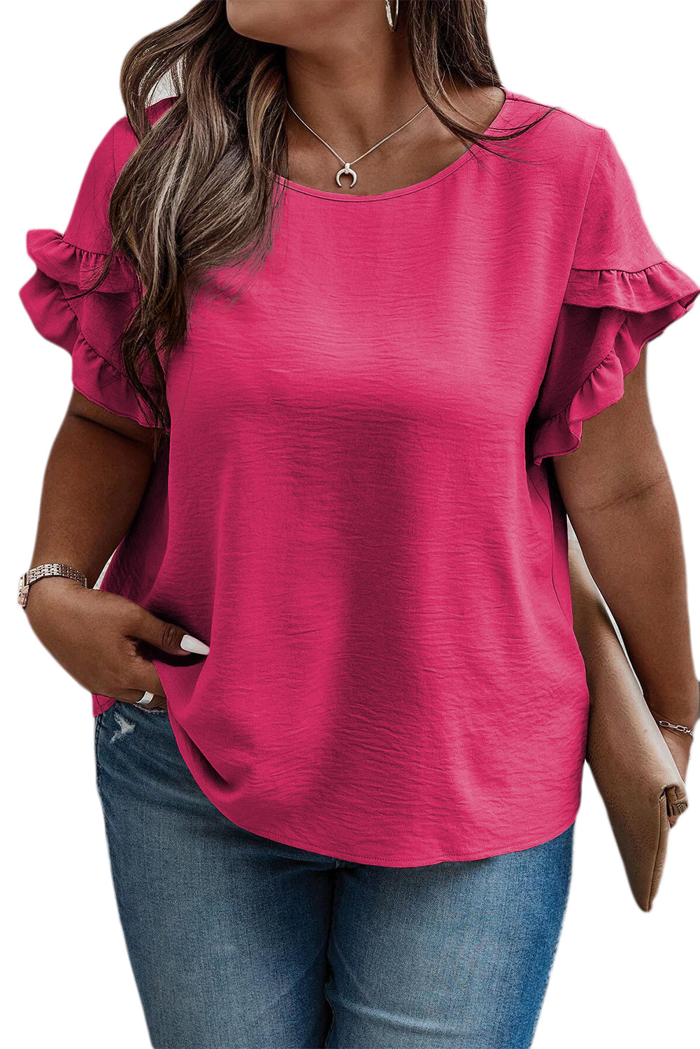 Bright Pink Ruffled Short Sleeve Plus Size Top Plus Size JT's Designer Fashion