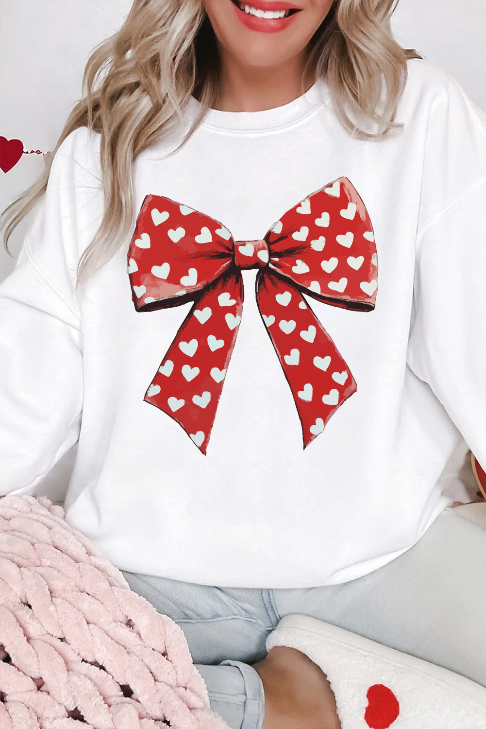 White Heart Bow Printed Round Neck Valentines Pullover Sweatshirt Graphic Sweatshirts JT's Designer Fashion