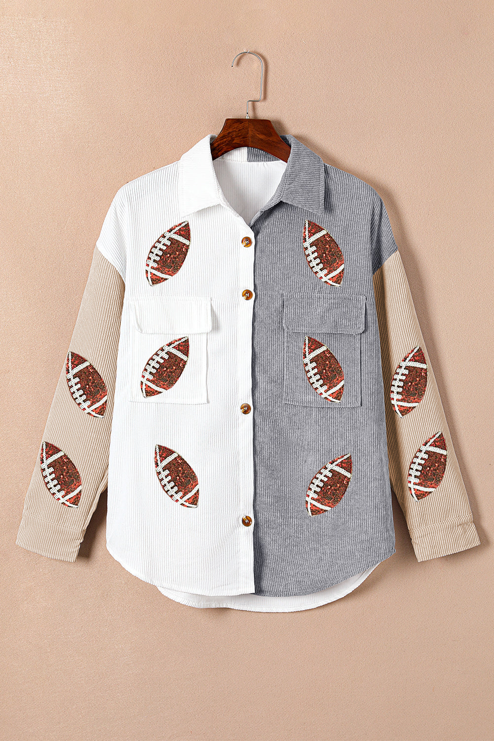 White Sequin Rugby Graphic Flap Pockets Corduroy Shacket Jackets JT's Designer Fashion