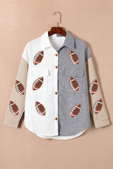 White Sequin Rugby Graphic Flap Pockets Corduroy Shacket Jackets JT's Designer Fashion