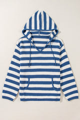 Blue Stripe V Neck Pocketed Drawstring Hooded Sweater Sweaters JT's Designer Fashion
